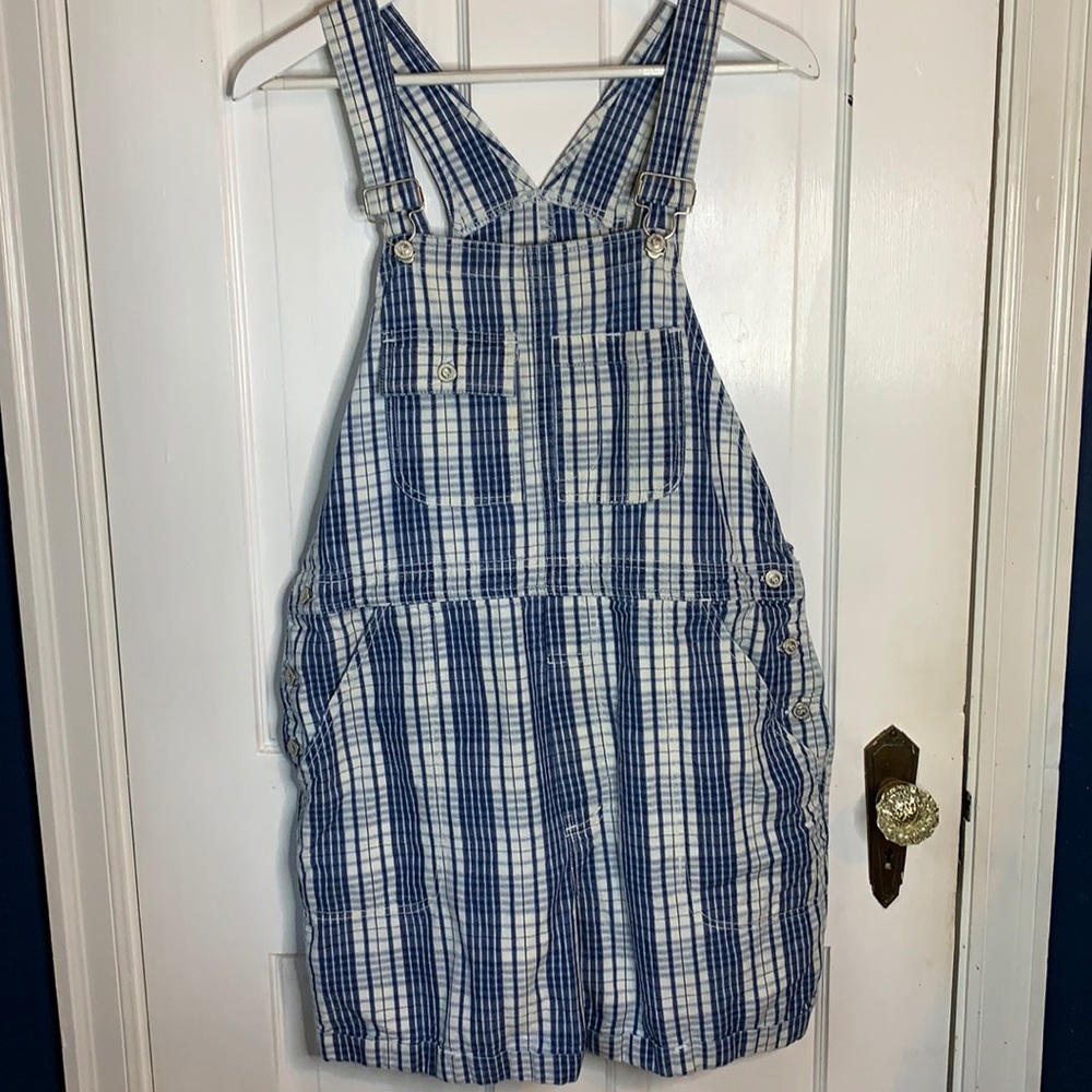 KIKOMO BLUE JEANS Denim Plaid Short Overalls SZ L